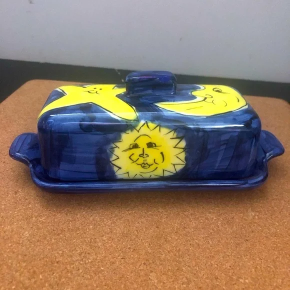 Butter Dish Ceramic Handmade Blue Yellow Moons Suns 9x3” Good Condition Used - Picture 1 of 5
